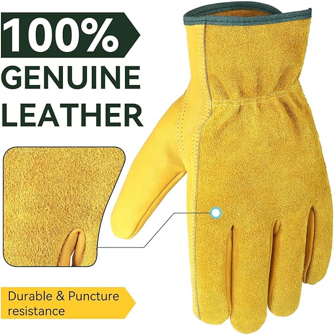 OZERO 5Pair Leather Work Gloves Cowhide Garden Glove for Wood Cutting/Yard Gold,Large