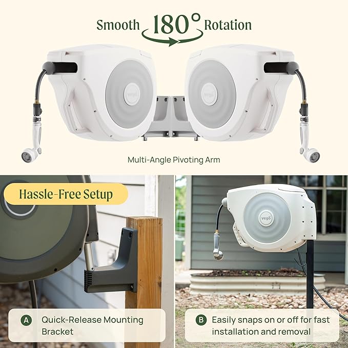 Vego Garden Hose Reel Retractable Hi-Flow x 100ft Wall Mounted Hose Reel Automatic Rewind, Any Length Lock with 9 Patterns Sprayer Nozzle, Quick Connector and Adjustable shot Nozzle-Cloud White