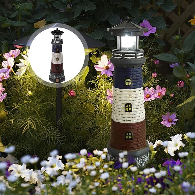 Solar Light Tower Lighthouse Night Light Solar Rotating Lighthouse Outdoor Lighthouse Ornaments Outdoor Solar Lantern Garden Decor Street Light Resin to Rotate