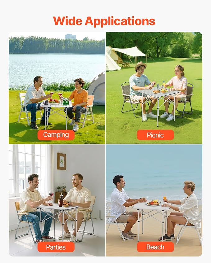 VEVOR Folding Camping Table, Portable Roll Up Side Tables, Lightweight Aluminum Beach Table with Adjustable Height, for Outdoor BBQ Tailgating Picnic, Travel (28 inch-Silver)