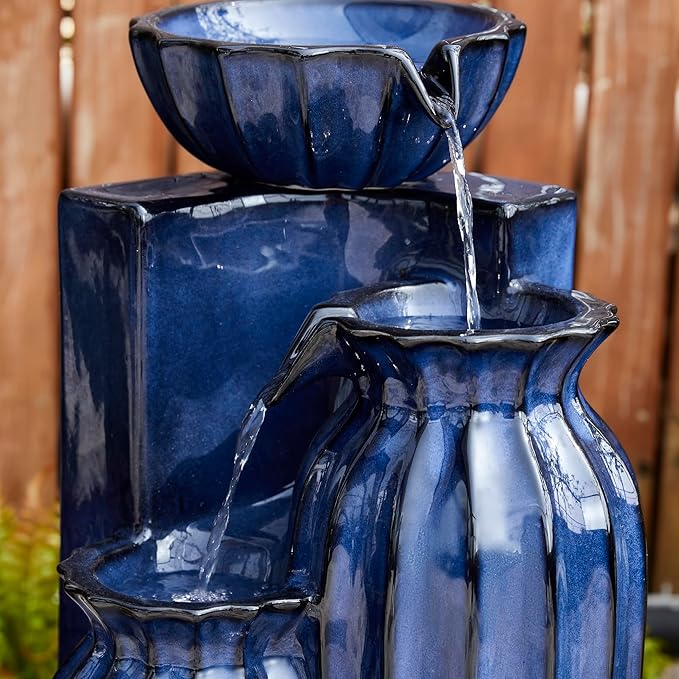 Glitzhome 26.75" H Ceramic Outdoor Water Fountain with LED Lights and Pump, Cobalt Blue Fluted Texture Cascading Waterfall Floor Standing Fountain for Porch Deck Garden Patio Backyard
