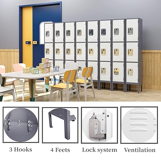 Yizosh Metal Lockers for Employees with Lock, Employees Locker Storage Cabinet with 1 Doors, Tall Steel Storage Locker for Gym, School, Office (Gray White, 3 Door)