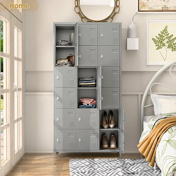 18 Doors Metal Storage Locker with Business Card Holder, 72" H Employees Lockers Storage Cabinet for Home, Office, Gym, School, Assenbly Required, Light Gray