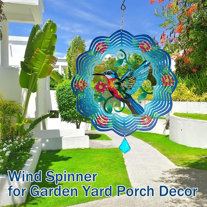 Hummingbird Metal Wind Spinners - 12 Inch Hanging Metal Wind Spinner for Outdoor & Indoor Decor, Hummingbird Kinetic Sculpture for Christmas Ornament Gifts, Yard Art and Garden Decorations
