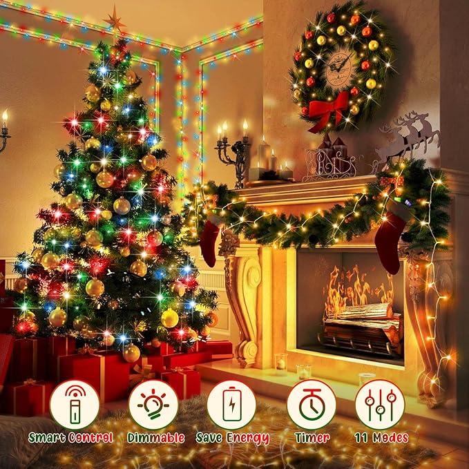 Hezbjiti 337 FT 720 LED Color Changing Christmas Lights Outdoor, 11 Modes String Lights IP44 Waterproof Fairy Light for Party Tree Garden Wedding Decorations (Warm White to Multicolor, Green Wire)