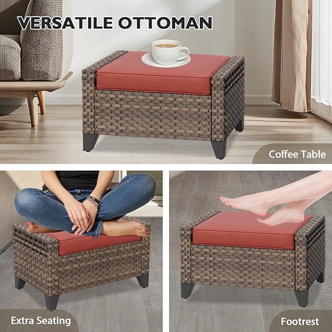 EAGLE PEAK Modern Wicker Outdoor Chair, Patio Chair Curved Armrest, Rattan Patio Furniture for Yard Deck Porch Garden, 2 Chairs 2 Ottomans, 4 Pieces, Brown/Red