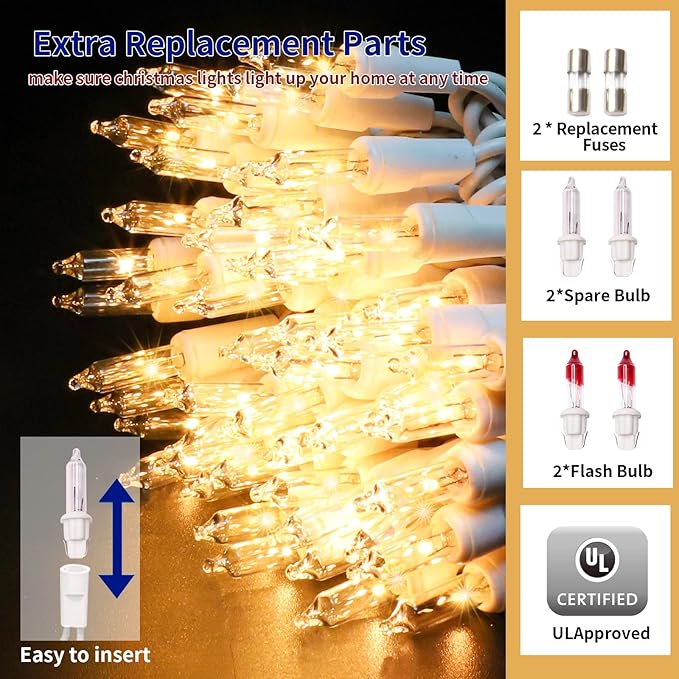 Ultra-Bright Connects End to End Warm White Christmas Mini Lights 100L 19.6Ft UL Listed Incandescent Bulb String Light Set for Indoor and Outdoor Holiday Garden Party Christmas Tree Decor