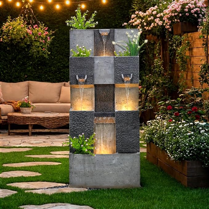 44.8" H Modern Outdoor Water Fountain with LED Lights and Pump, Mutiply-Tier Standing Cascading Waterfall - Modern Design for Garden,Patio,Yard, Multi-Level Outdoor Decor (Gray)