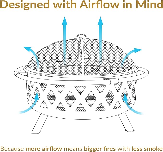 Sunnydaze Crossweave Outdoor Fire Pit - Wood-Burning Fire Pit for Outside with Spark Screen, Poker and Round Cover - 36-Inch - Black