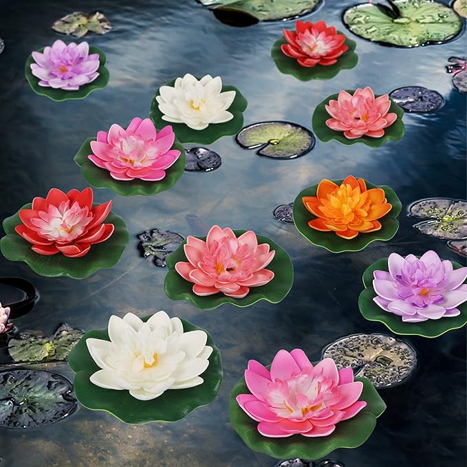 Happy Trees 12 Pcs Artificial Floating Foam Lotus Flower with Water Lily Pad, Lifelike Ornanment Home Garden Pond Decor Indian Decorations Return Gifts
