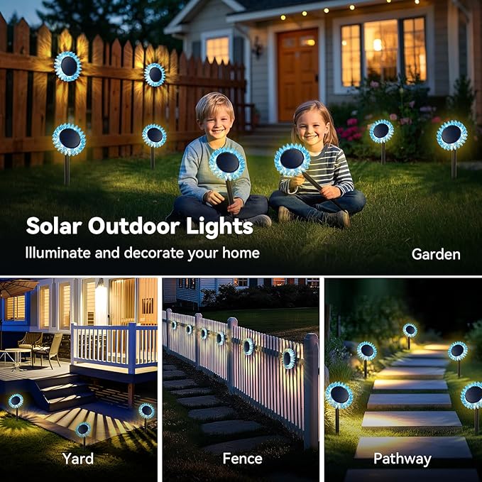 Hogni Solar Pathway Lights - 2 Pack LED Sunflower Garden Light, Waterproof Outdoor Decor for Wall, Lawn, Yard, Walkway, Patio, Landscape