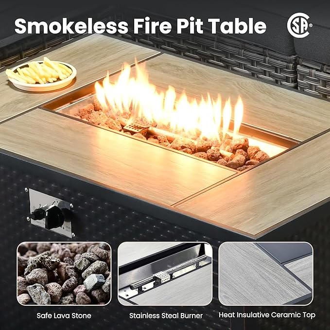 HOOOWOOO Outdoor Sectional Furniture Set with Fire Pit Table,9 Pieces Wicker Patio Conversation Sets,L Shape All Weather Outside Couch Sofa Set with Swivel Chairs Solar Light Table Ottoman,Beige