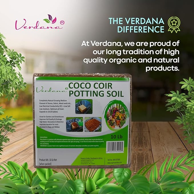 Verdana Coco Coir Potting Soil Brick – 10 Lb - Peat Moss Alternative for Potting Mix, Raised Bed Soil, Organic Gardening & Seed Starting - Compressed Coconut Fiber Block Expands to 18 Gallons
