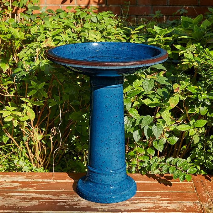 Glitzhome 21.5" H Plastic Cobalt Blue Faux Ceramic Bird Bath for Outside, Hand-Painted Tall Pedestal Style Birdbath for Outdoor Patio Garden Backyard Decking