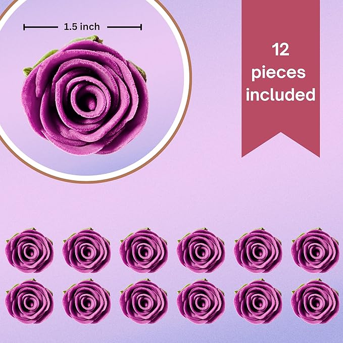 Confect Edible Rose Cake Toppers For Cupcakes & Doughnut Edible Toppers Roses for Cake Decorations - Fuchsia Pink | Vegan, Gluten-Free, Soy-Free, Dairy-Free, Palm Oil-Free -Pack of 12