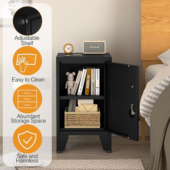 24.4" H Black Metal NightStand Locker Storage Cabinet with 1 Doors, File Cabinet with Shelves, Storage Cabinet with Adjustable Leveling Foot for Home Office Living Room or Bed Room