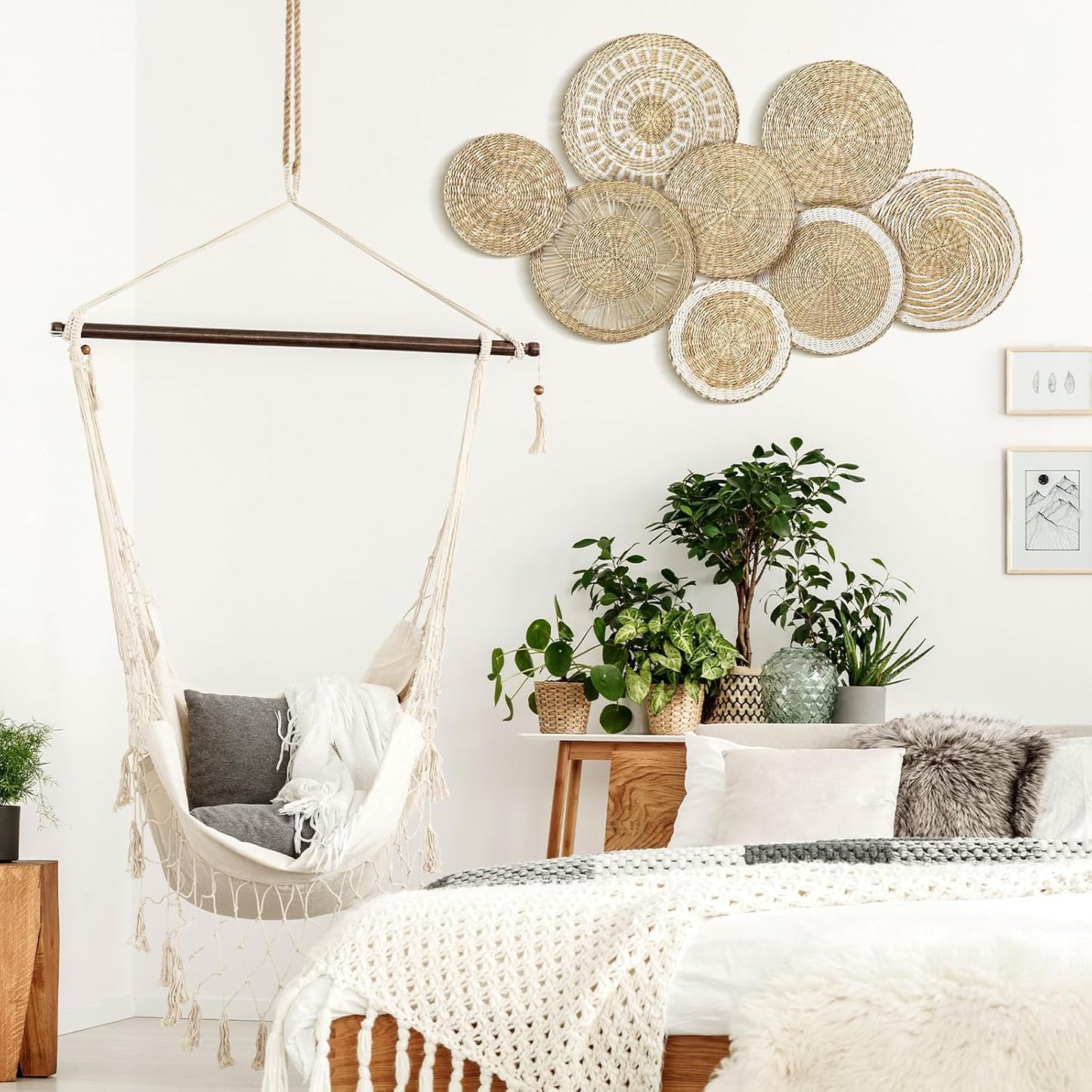 Xuhal Set of 8 Hanging Woven Wall Basket Handmade Decorative Rustic Boho Basket Decor Handcrafted Wicker Round Seagrass Wall Art for Home Kitchen Farmhouse Table Living Room