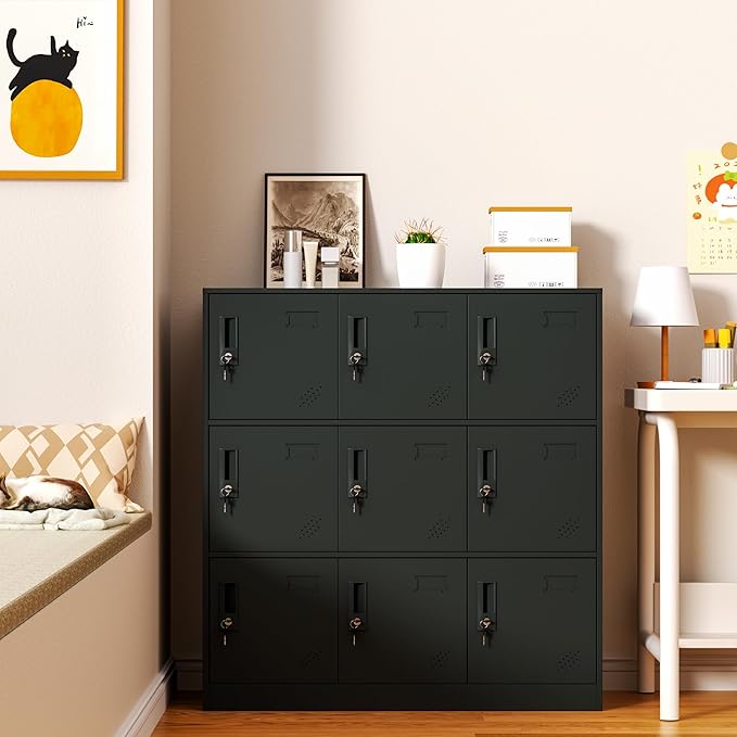 9 Doors Metal Lockers for Employees, Steel Storage Locker with Lock and Card Slot,Lockable Office Metal Storage for School Office Gym Bedroom,Garage (Black)