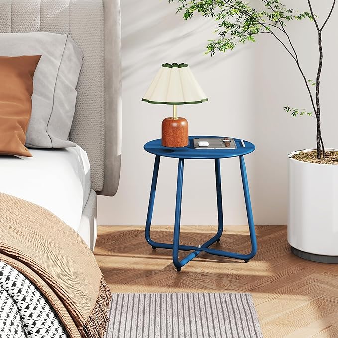 HollyHOME Round Metal Side Table, Rust-Resistant Patio Small Plant Stand, Outdoor 17.32'' Portable End Table for Balconies, Gardens, Living Rooms and Bedrooms, Navy Blue
