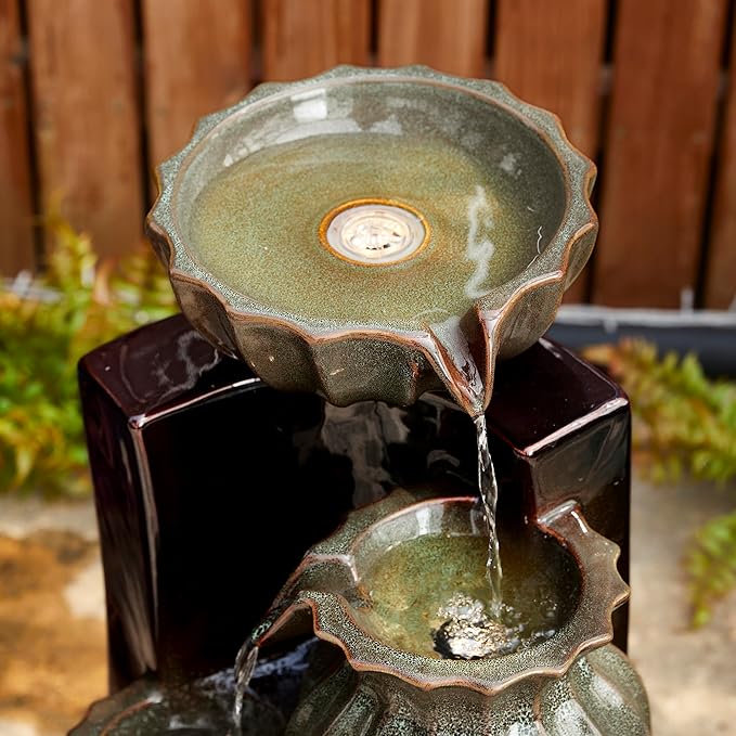 Glitzhome 26.75" H Ceramic Outdoor Water Fountain with LED Lights and Pump, Two Tone Olive Green and Brown Reactive Fluted Texture Cascading Waterfall Floor Standing Fountain for Porch Garden Patio