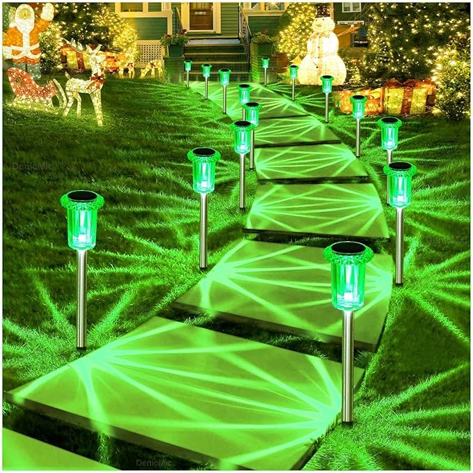DenicMic Solar Lights Outdoor Pathway Lights LED Waterproof Acrylic Lamp Head Stainless Steel Stake for Yard Garden Landscape Path Walkway Driveway Patio Lawn (Green 10Pack)