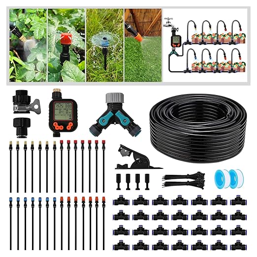 Garden Drip Irrigation Kit, 100ft Black Hose, 360° Pure Copper Closeable Nozzle, Patio Misting Plant Watering Sprinkler, Faucet Separator, Sprinkler Hose Adapter (28 360° nozzles + 28 T-connectors)