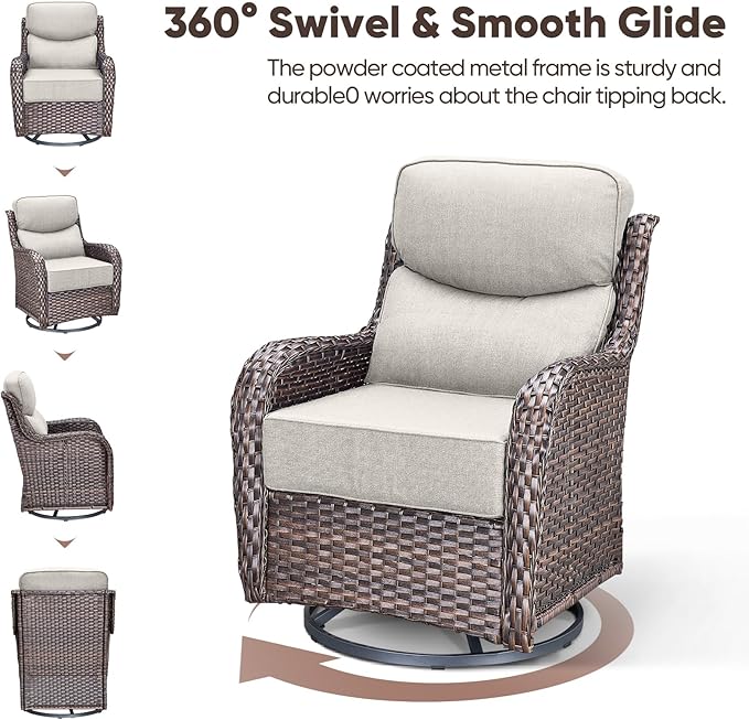 Swivel Patio Chairs sofa Set of 4 with 6" Thick Cushion - Wicker Outdoor Swivel Rocker Patio Chair ,Sofa/Glass coffee table, High Back Comfortable Outdoor Glider Chairs - Brown Wicker | Beige Cushions