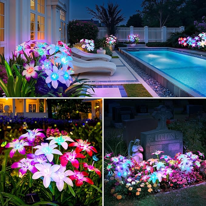 Solar Garden Lights Outdoor, 4 Pack Blooming Lily Solar Flowers Outdoor Waterproof, 7 Color Changing Bigger Flower Lights for Yard Patio Decor, Gift for Mom