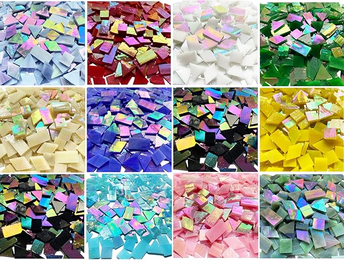 510 Pieces Iridescent Glass Mosaic Tiles for Crafts, Mixed 4 Shapes Colorful Stained Glass Pieces Supplies for Mosaic Projects, KALUCION Mosaic Kit for Adults, Assorted Rainbow Colors