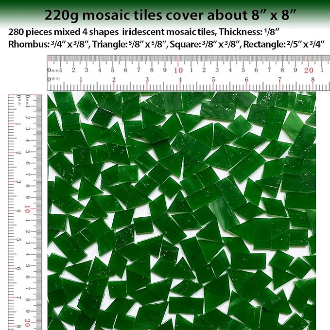 Iridescent Green Mosaic Tiles for Crafts, 280 Pieces Mixed 4 Shapes Stained Glass Sheets, Stained Glass Supplies for Mosaic Projects