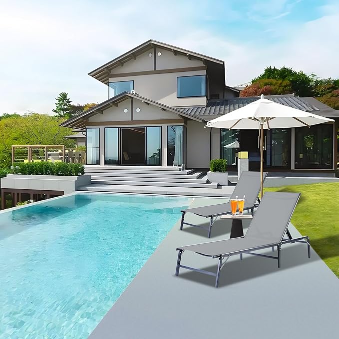 Outdoor Chaise Lounge Chair Set of 2, Foldable & Assemble-Free, 6 Adjustable Positions, Durable Rust-Resistant Frame, Portable Outdoor Pool Lounge Chairs for Pool Patio Beach, Grey