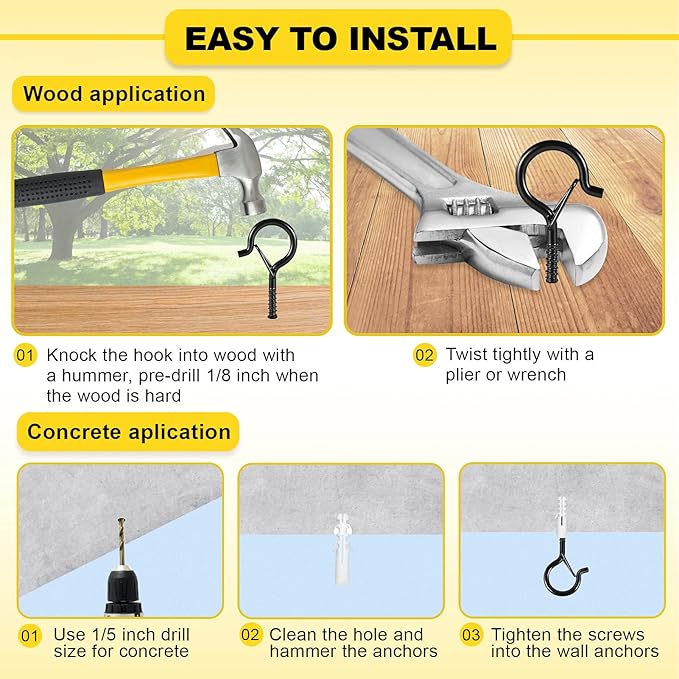 Hooks for Outdoor String Lights, 20 Pack Cup Screw Hooks for Hanging Plants Fairy Led Party Christmas Lights Garage Wind Chimes Black Q Hanger with Safety Buckle Design Easy to Release