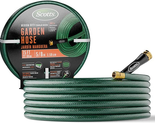 Scotts 75 ft. Garden Hose – 5/8 in. Diameter, 4-Ply Construction, 300 PSI, High-Pressure, Easy-to-Coil Water Hose with Crush-Resistant Couplings, Easy to Connect for Lawn and Garden Use