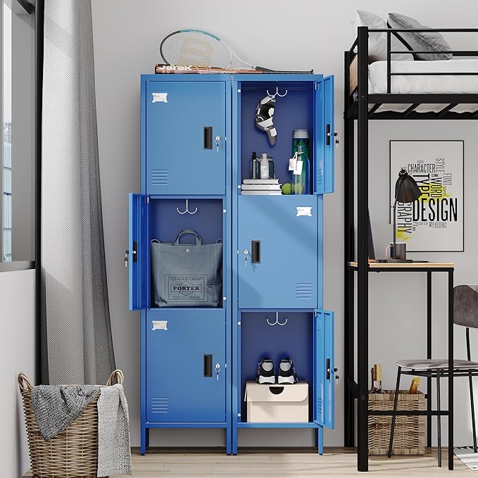 METAN Metal Storage Employees Lockers with 3 Lockable Doors and Hooks,66''H*16''W*16''D Locking Storage Cabinets for Small Spaces,Home,School,Gym,Assembly Required,Blue