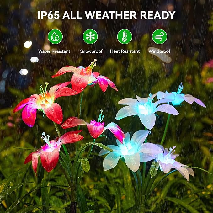 WdtPro 2025 Upgraded Solar Lights Outdoor 6 Pack, Solar Garden Lights with 24 Blooming Lily RGB Light, 7 Color Changing Waterproof Solar Flower Lights for Outside Yard, Patio Decor Gifts
