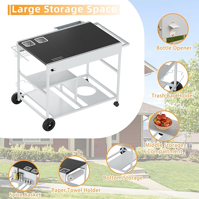 Vongrasig Pizza Oven Table with Topping Station, Outdoor Grill Cart with Storage for Blackstone Grill Ooni Pizza Ovens, Outdoor Kitchen Island Movable Grill Table Bar Cart