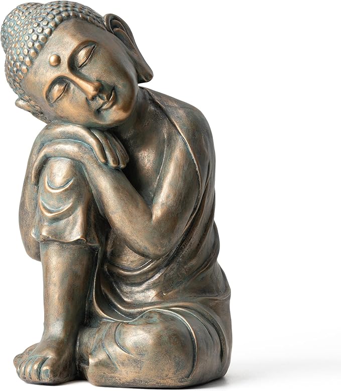 Glitzhome MGO Faux Bronze Resting Buddha Garden Statue Indoor and Outdoor Sculpture Decoration, 18" H