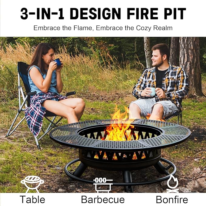 47 Inch Fire Pit with 2 Grills, Outdoor Extra Large Firepits for Outside, Wood Burning Fireplace for Camping,Picnic,Bonfire, 3-in-1 Round Metal Table with Lid for Backyard,Patio,Party