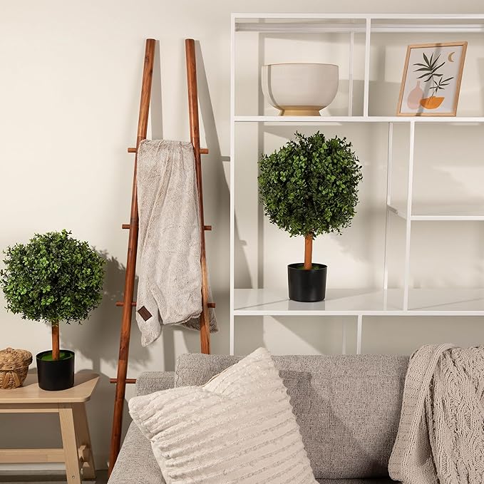 Premium 14" Diameter Artificial Boxwood Topiary – Set of 2 Faux Plants in Black Decorative Planters – UV-Resistant, Weatherproof, Realistic Outdoor & Indoor Greenery Accent