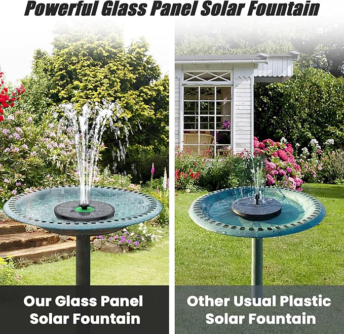 Solar Fountain Full Glass Panel No Battery, 3.5W Solar Bird Bath Fountains with 4 Fixed Rods & 7 Nozzles, Solar Fountain Pump for Bird Bath, Garden, Pond, Pool, Patio (Black Panel)