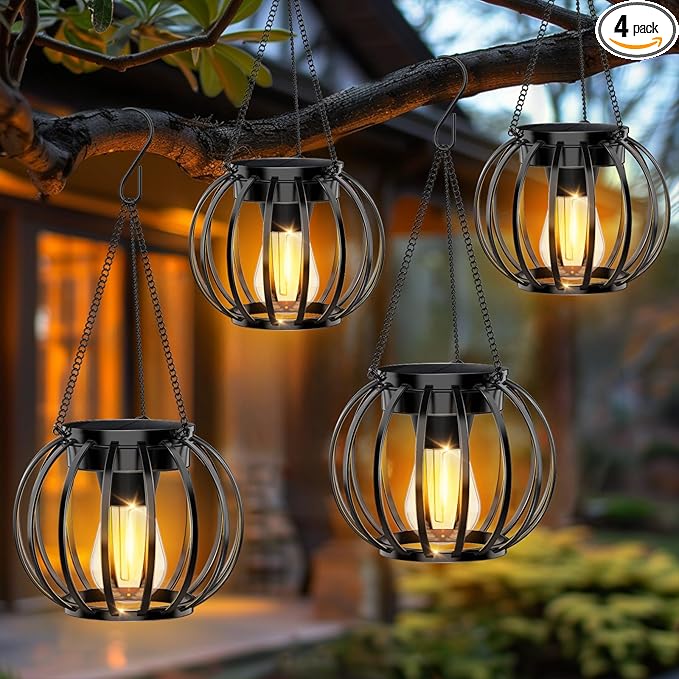 Solar Lanterns Lights Outdoor Waterproof: 4 Pack Metal Hanging Solar Lights for Outside - Decorative Solar Lights Outdoor Garden Decor - Solar-Powered LED Warm Lighting for Patio Yard Pathway Decor