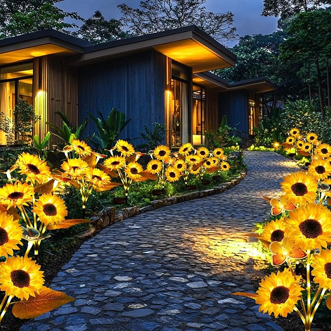 Solar Lights Outdoor Garden Decor, 2025 Upgraded 4 Pack Sunflower Decor with 8 Butterfly, Solar Garden Lights Outdoor Waterproof Decorative for Pathway, Yard, Gifts for Mother's Day Mom Women