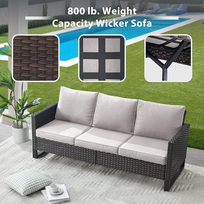 4 Piece Wicker Patio Furniture with Fire Pit Table - Outdoor Conversation Set with 50,000 BTU Fire Pit, All Weather Rattan Patio Set for Deck Backyard Garden - Brown Wicker Beige Cushion