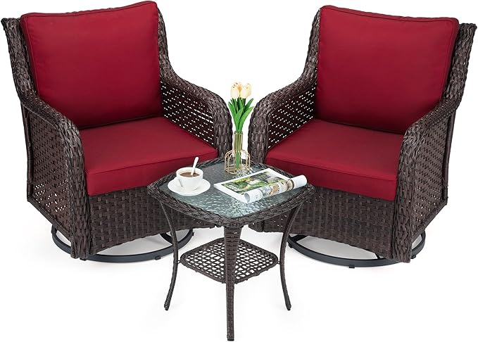 Towallmark Outdoor Swivel Wicker Glider Patio Chairs with Table Set, 3 Pieces Outdoor Bistro Set with 4”Thick Cushions and Coffee Table for Porch, Balcony, Deck (Red)