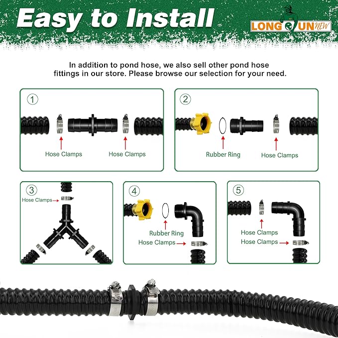 1" Dia. Corrugated Pond Tubing 1-Inch ID, 20.6 FT Length, Black PVC Kinkproof Strong Flex Tubing with Pipe Fittings, Aquarium, Pond Waterfall, Garden Pond Pump Drainage Tube