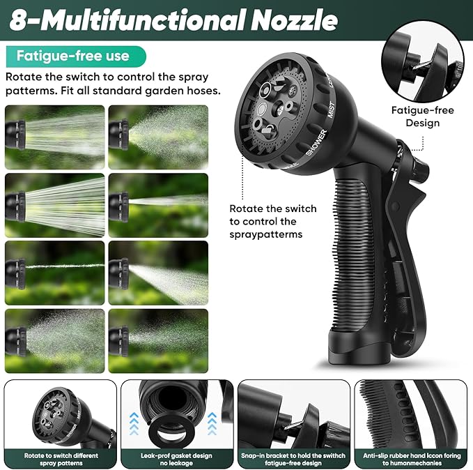 Garden Hose 100FT, Non-Expanding, Lightweight Hose With 8 Function Nozzle, Leak-Proof, No-Knot, Easy to Carry, Wear-Resistant, Sturdy, Flexible, 3/4GHT, Water Hose for Yard, Garden, Outdoor