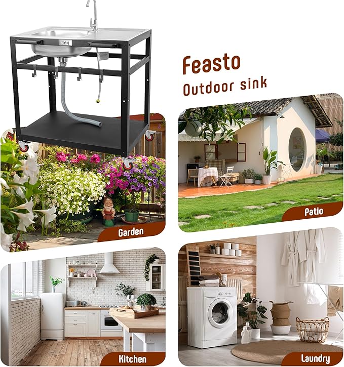 35” Outdoor Grill Cart with Sink, Outdoor Kitchen Sink Station with Hose Hook Up, Free Standing Sink with Wheels, Stainless Steel Sink with Single Bowl, Outdoor Utility Sink with Faucet