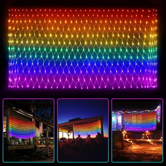 Pride Flag Outdoor Decorations, 6.6x3.3 FT LGBTQ Rainbow LED Net Lights, 390LED Waterproof Connectable Garden Lights for Pride Month, Room, Yard, Party, Office