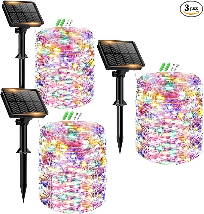 3 Pack Solar Fairy Lights for Outside Waterproof, 49FT/15M 150LED Solar String Lights Outdoor 8 Modes Solar Twinkle Lights for Garden Yard Christmas Tree Wedding Party Decor, Multicolor