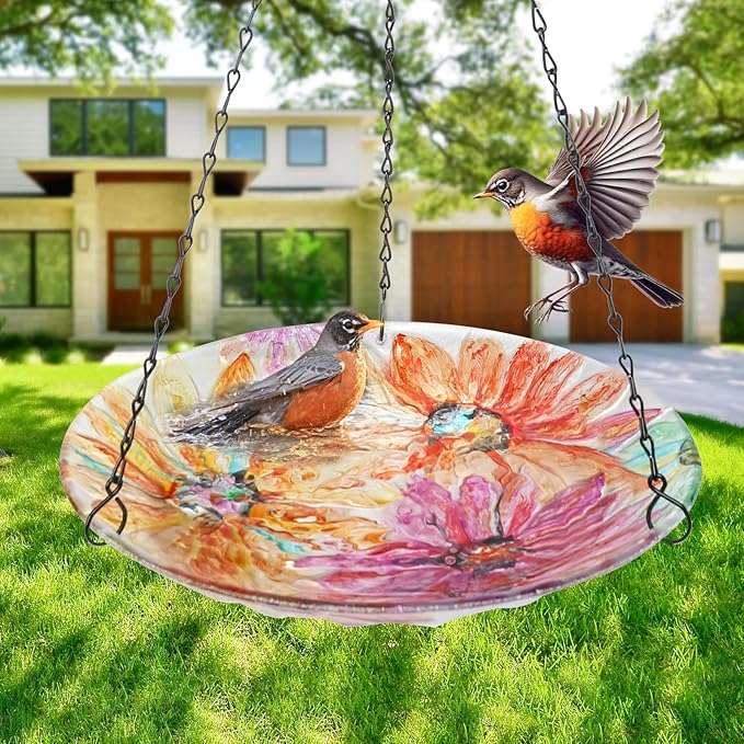 VCUTEKA Hanging Bird Bath, Glass Bird Baths for Outdoors Birdfeeder with 21 inch Rust-Proof Chain for Garden Yard Decor, Flower